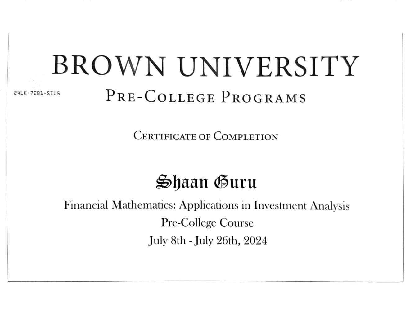 Brown University Financial Mathematics